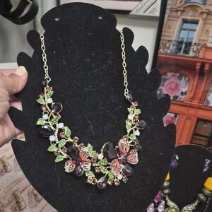Floral Crystal Statement Necklace - Purple & Green